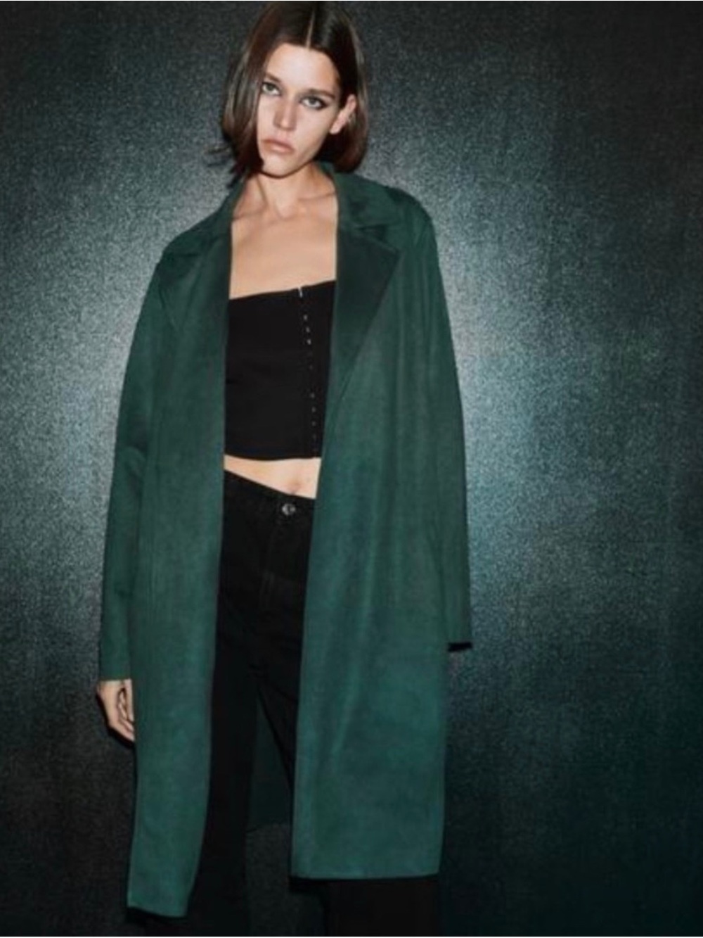 ZARA Hunter Green Faux Suede Longline Open Front Coat - Size M - Like New, Fab!!